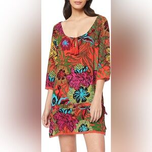 Desigual Minowa Tropical Print Mini Dress Coverup L Adjustable Tie Waist NWT